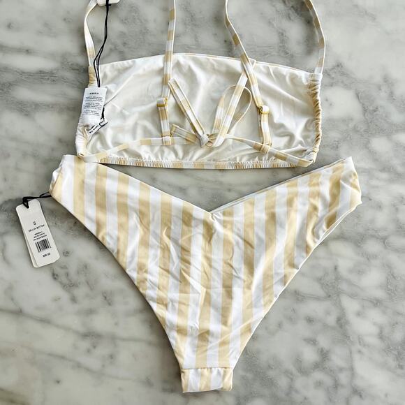 WeWoreWhat Leigh Bikini Top White/Shortbread Macro Stripe Delilah Bottom S/M - Picture 6 of 7